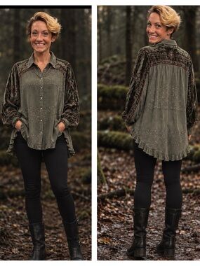 Young Threads Boho Velvet Embroidered Olive Green Button-Down Blouse SZ L NWT